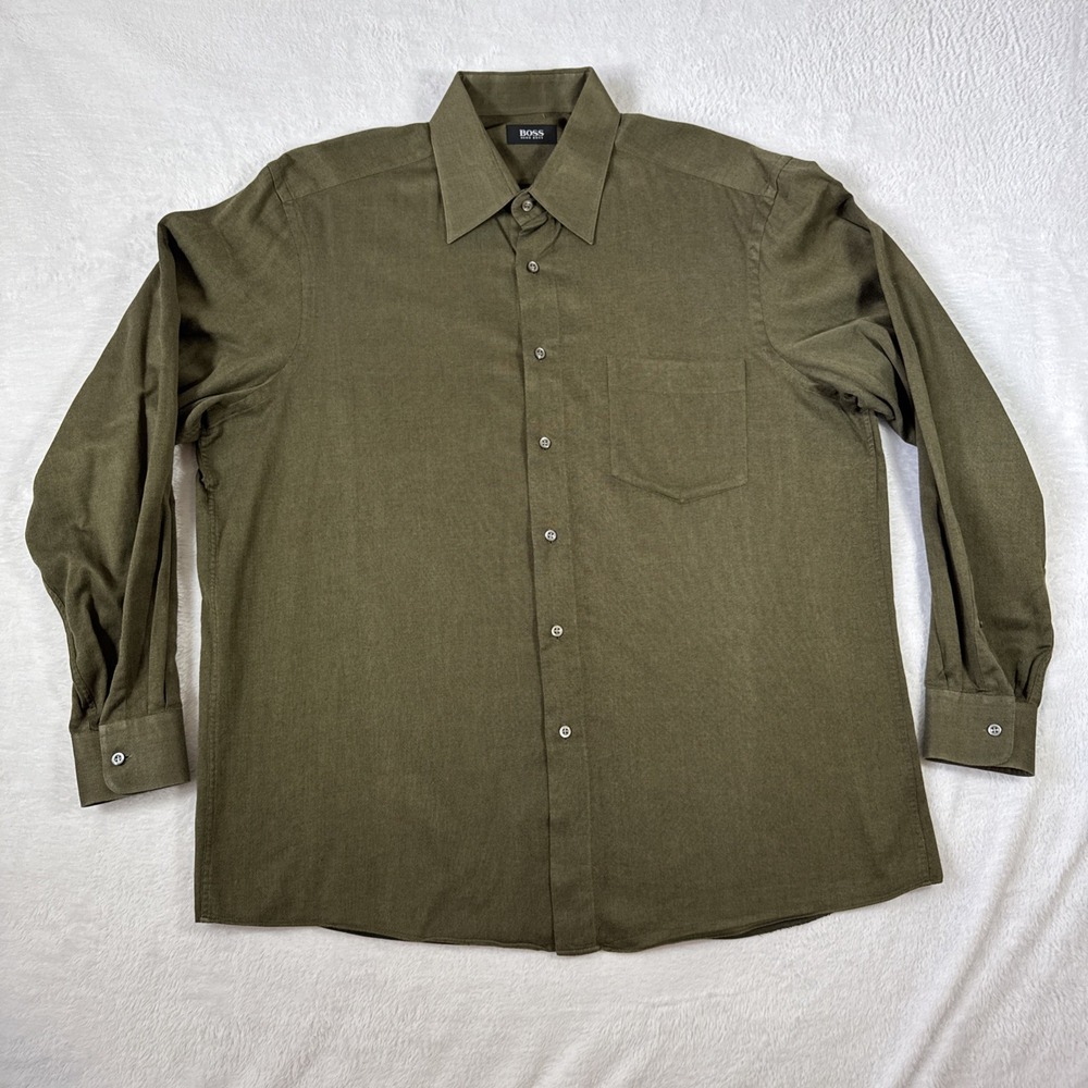 BOSS Hugo Boss Men's Hunter Green 100% Cotton Mother‎ of Pearl Button Up Large